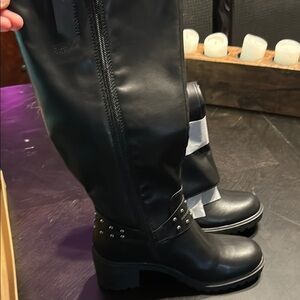 FRYE AND CO Black Combat Moto Boots with Studded Strap